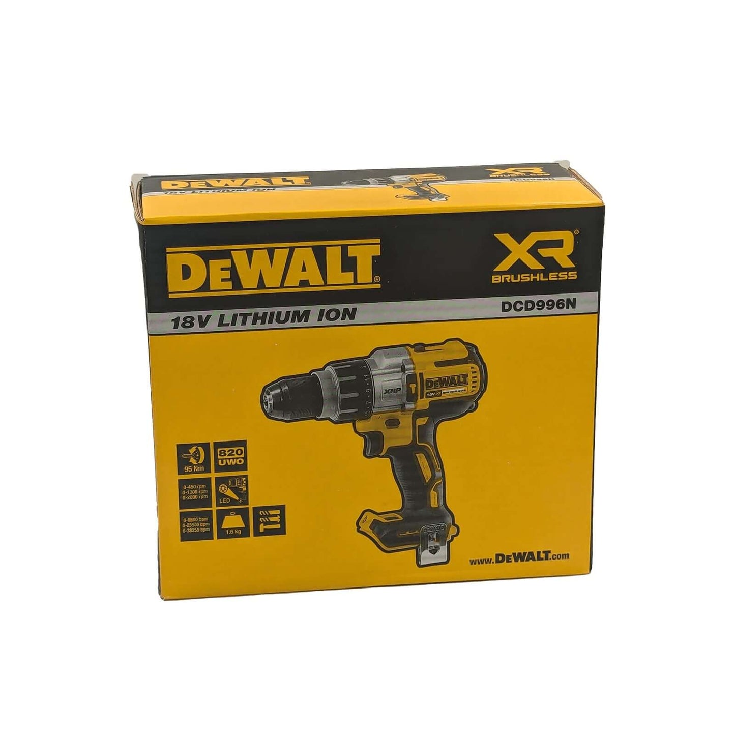 DeWALT 18V 5.0Ah Brushless 3 Speed Hammer Drill DCD996 - KIT packaging with specifications.
