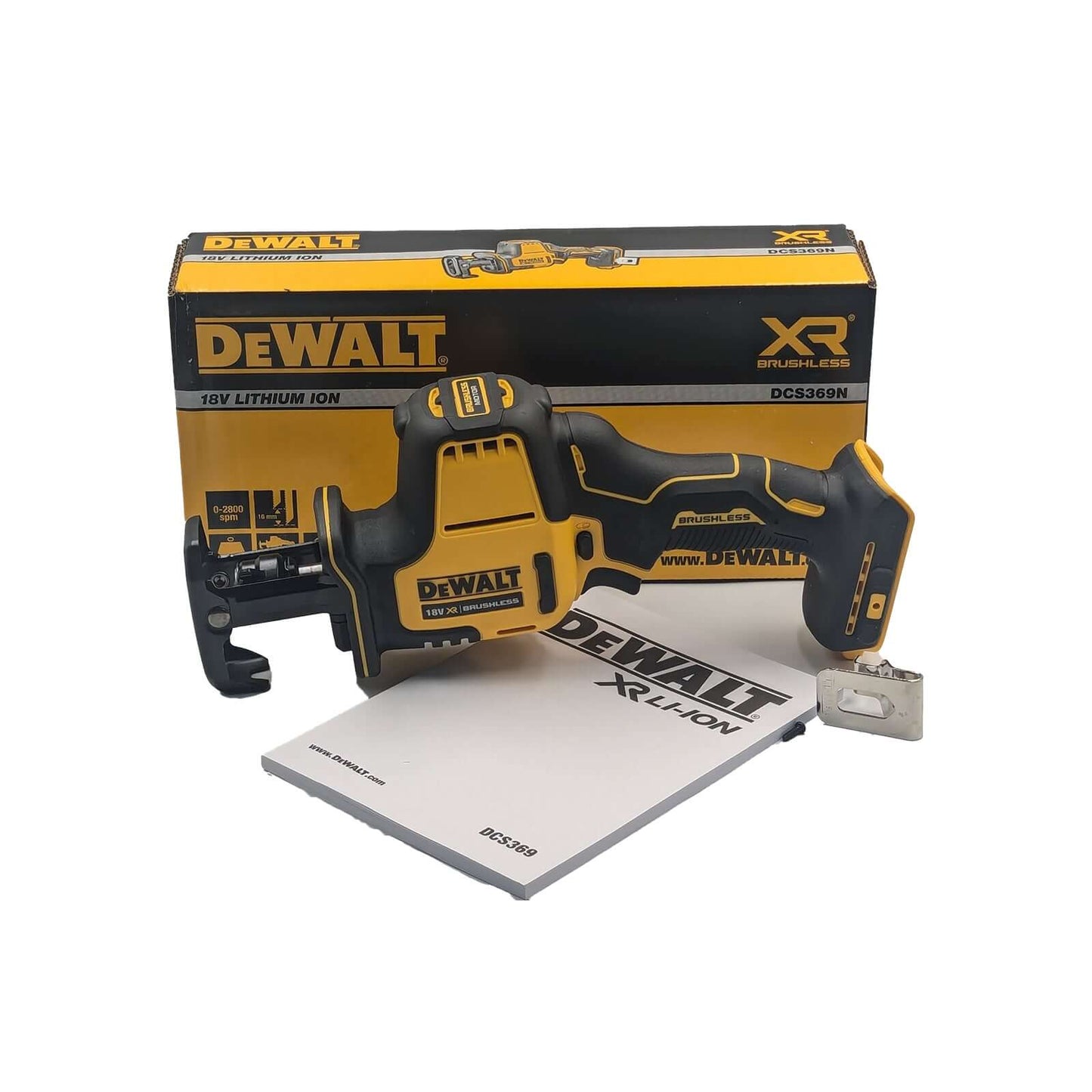 DeWALT 18V 5.0Ah Brushless Reciprocating Saw DCS369 - KIT with battery and charger in packaging.