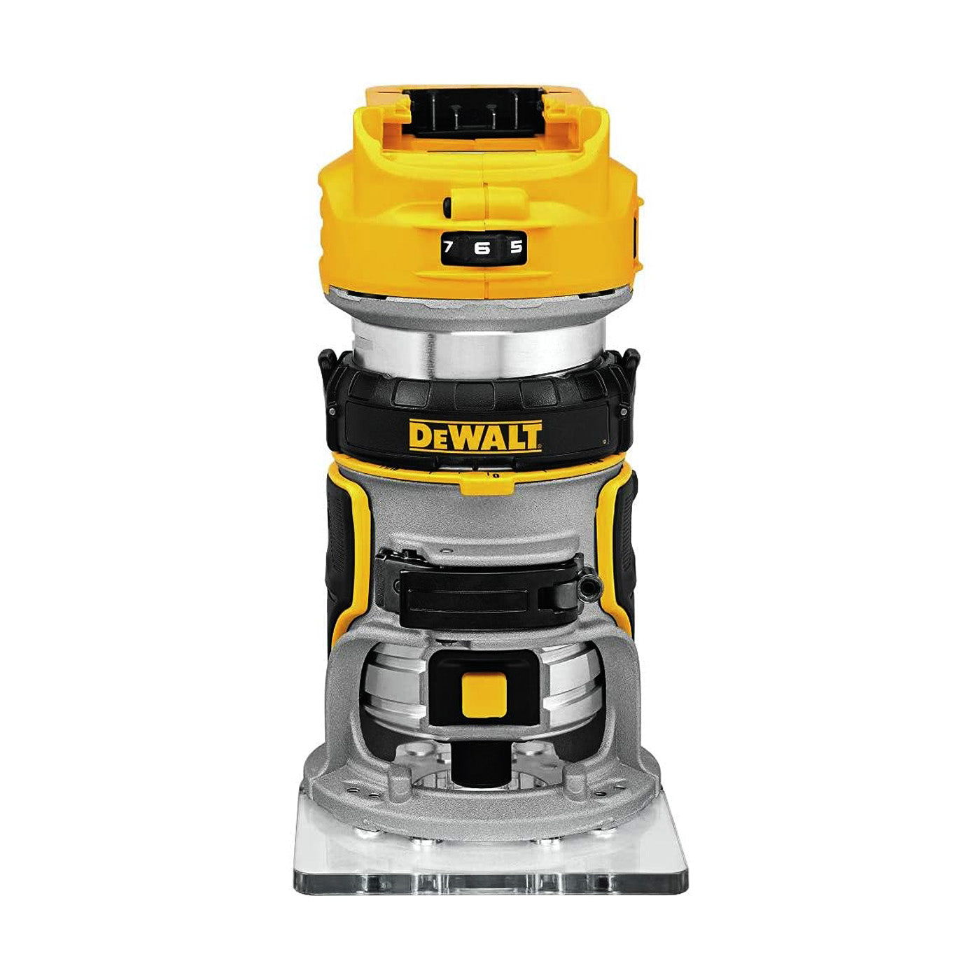 DeWALT 18V XR Brushless Compact Router DCW600N-XJ - SKIN ONLY front view showing robust design and features.