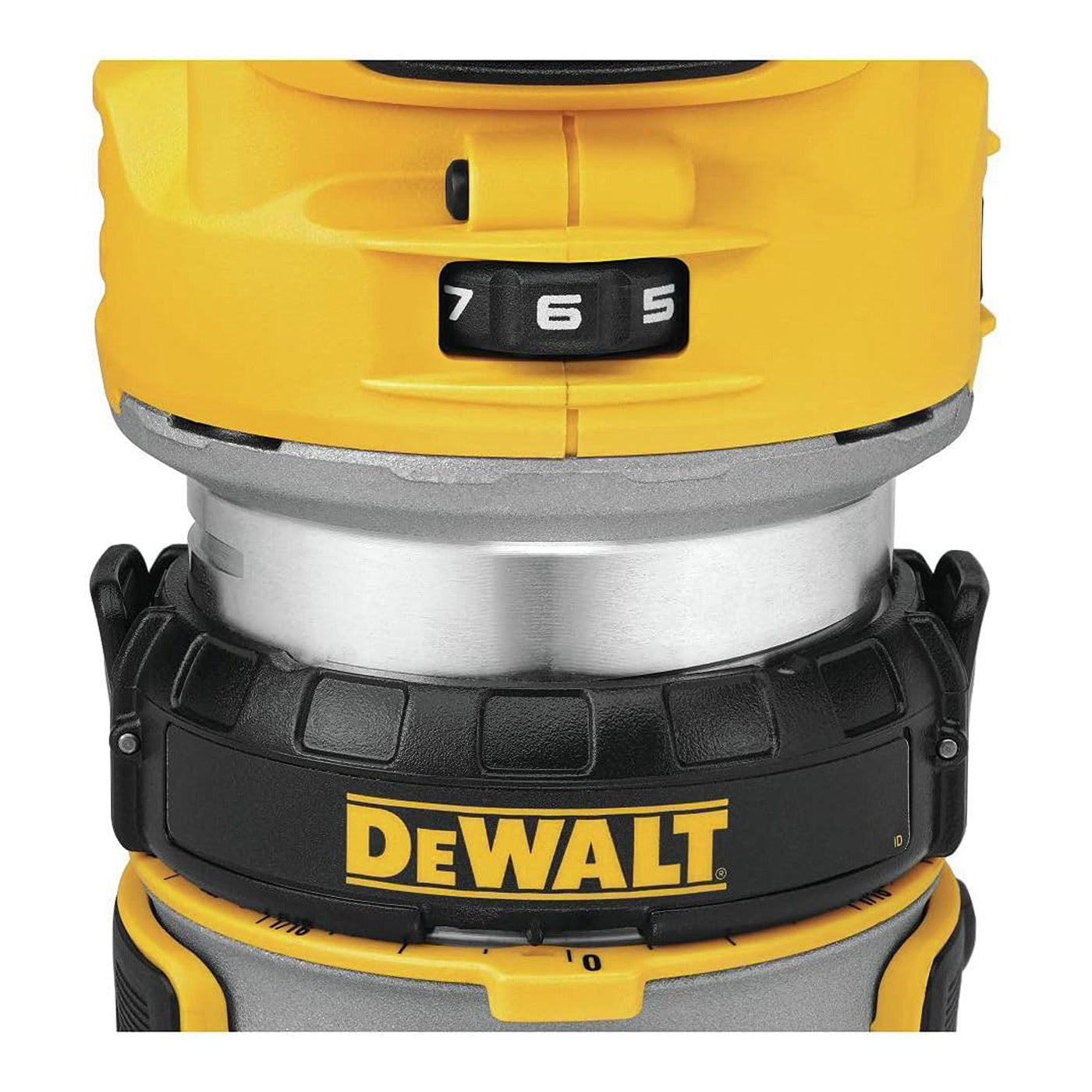 DeWALT 18V XR Brushless Compact Router DCW600N-XJ - SKIN ONLY showing the control dial and body features.