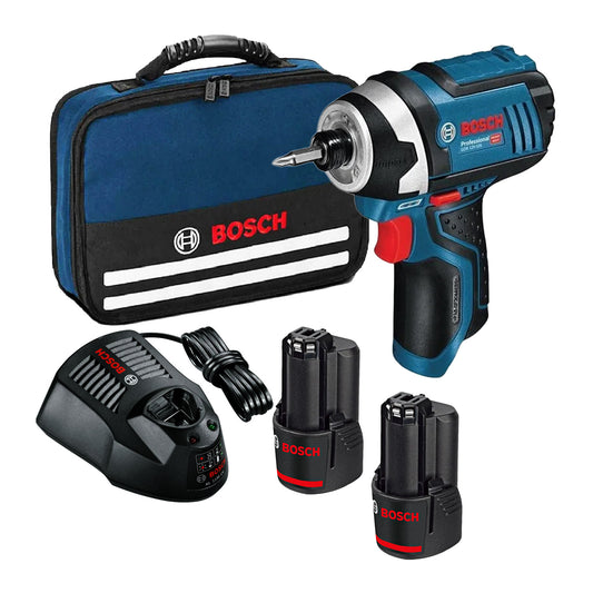 Bosch GDR 12V-105 Impact Driver set with two batteries, charger, and carrying case.