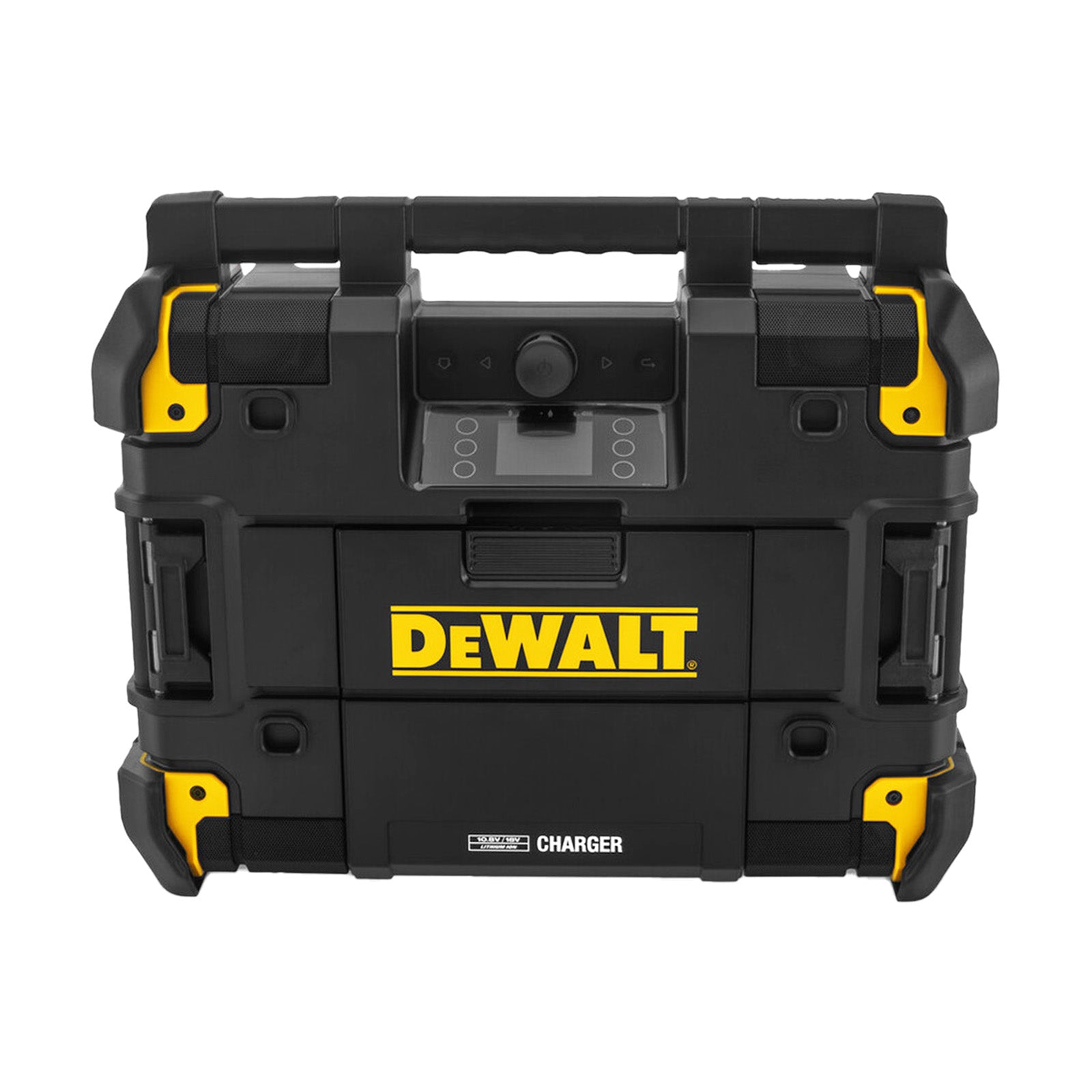 DeWALT 18V TSTAK Radio Charger DWST1-81080 - SKIN ONLY front view in black and yellow with charger panel.
