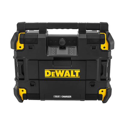 DeWALT 18V TSTAK Radio Charger DWST1-81080 - SKIN ONLY front view in black and yellow with charger panel.