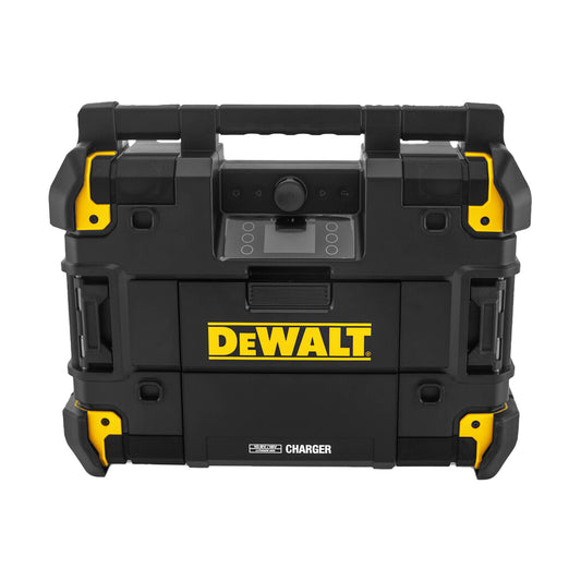 DeWALT 18V TSTAK Radio Charger DWST1-81080 - SKIN ONLY front view in black and yellow with charger panel.