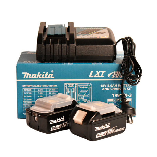 Makita 18V Battery and Charger Set 199179-3 - KIT including two 5.0Ah lithium-ion batteries and rapid charger.