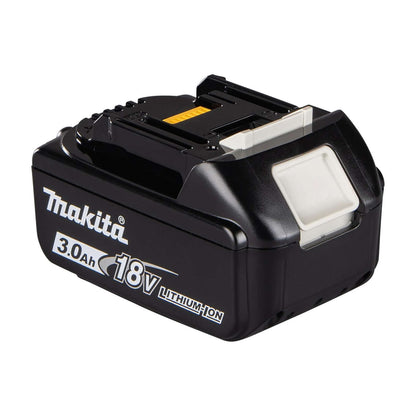 Makita 18V 3.0Ah LXT Lithium-Ion Battery with Fuel Gauge BL1830B side view showcasing its design and LED fuel gauge.
