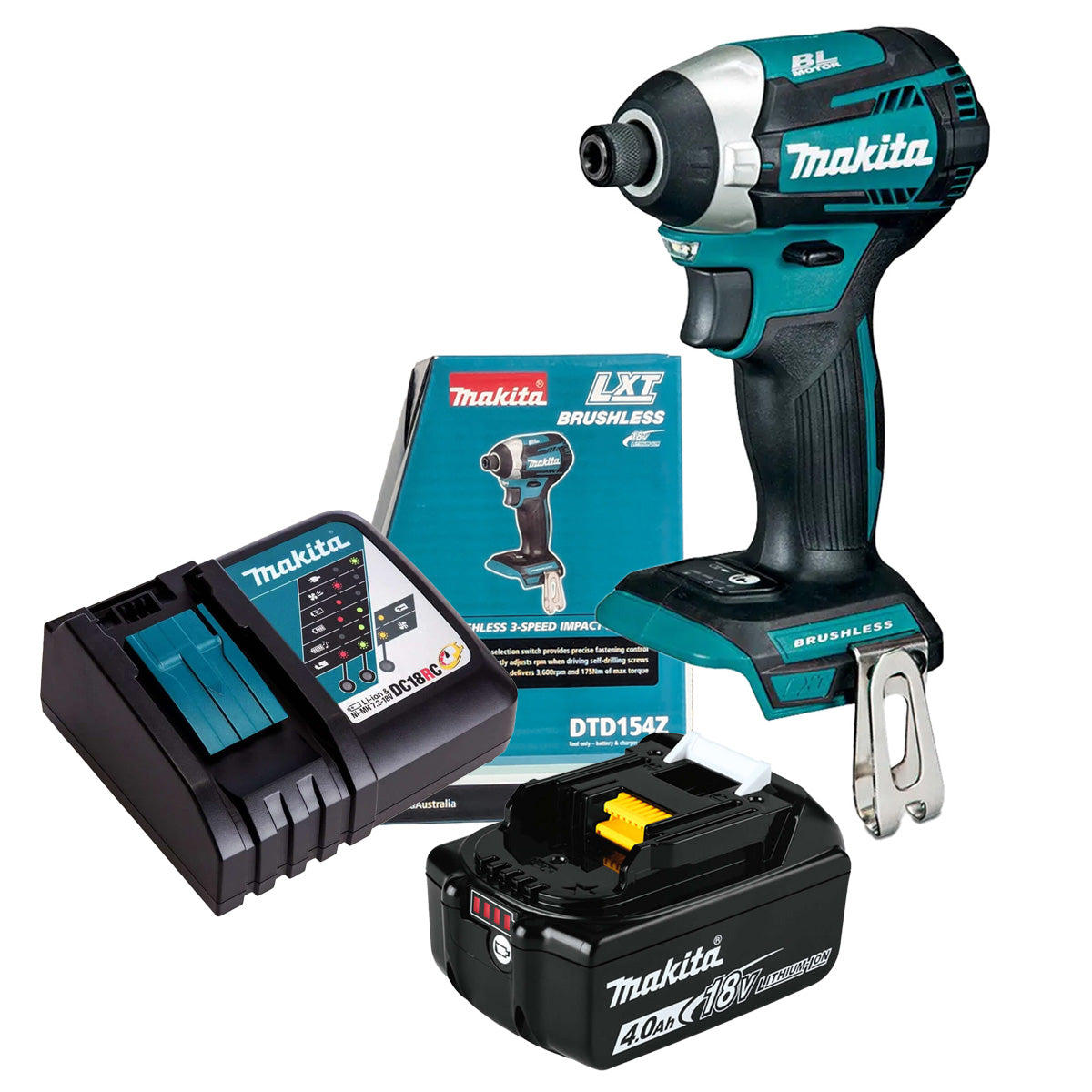 Makita 18V 4.0ah Brushless Impact Driver DTD154Z - KIT with battery and charger, ideal for tradesmen and tight spaces.