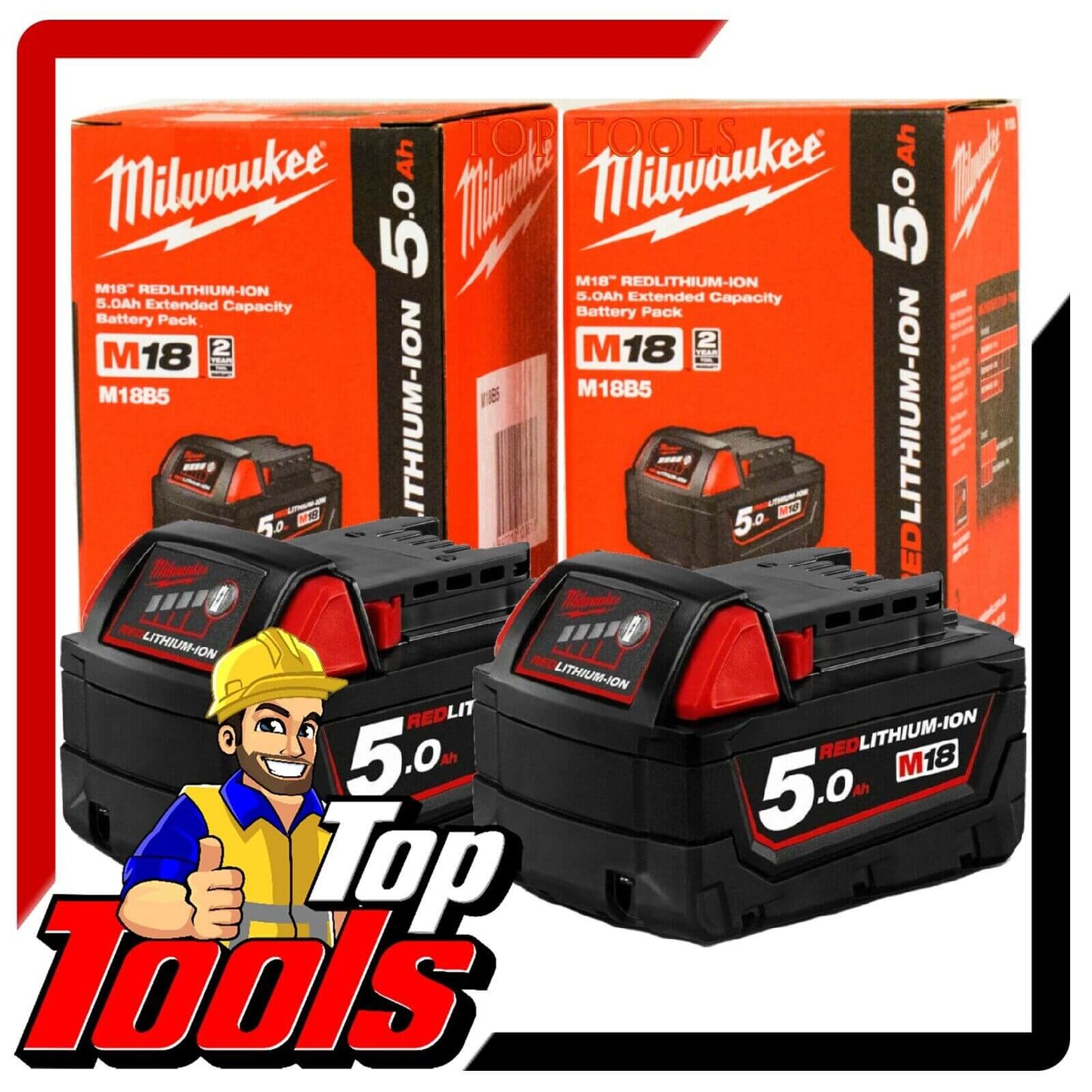 Milwaukee M18B5 18V 5.0ah Cordless Battery Twin Pack Set